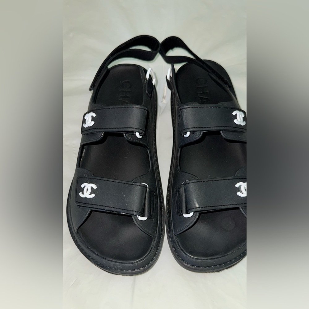 Chanel Double CC Logo Dad Sandals | Black Rubber | Size 37